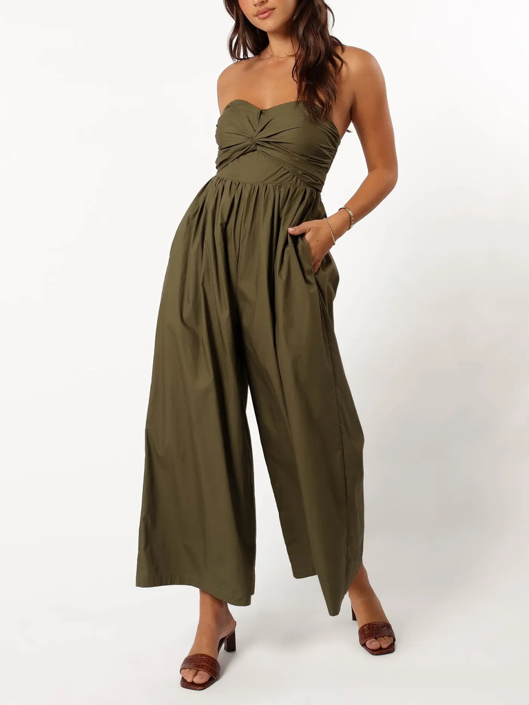 Green strapless jumpsuit outfits for rehearsal dinner for women from Petal + Pup