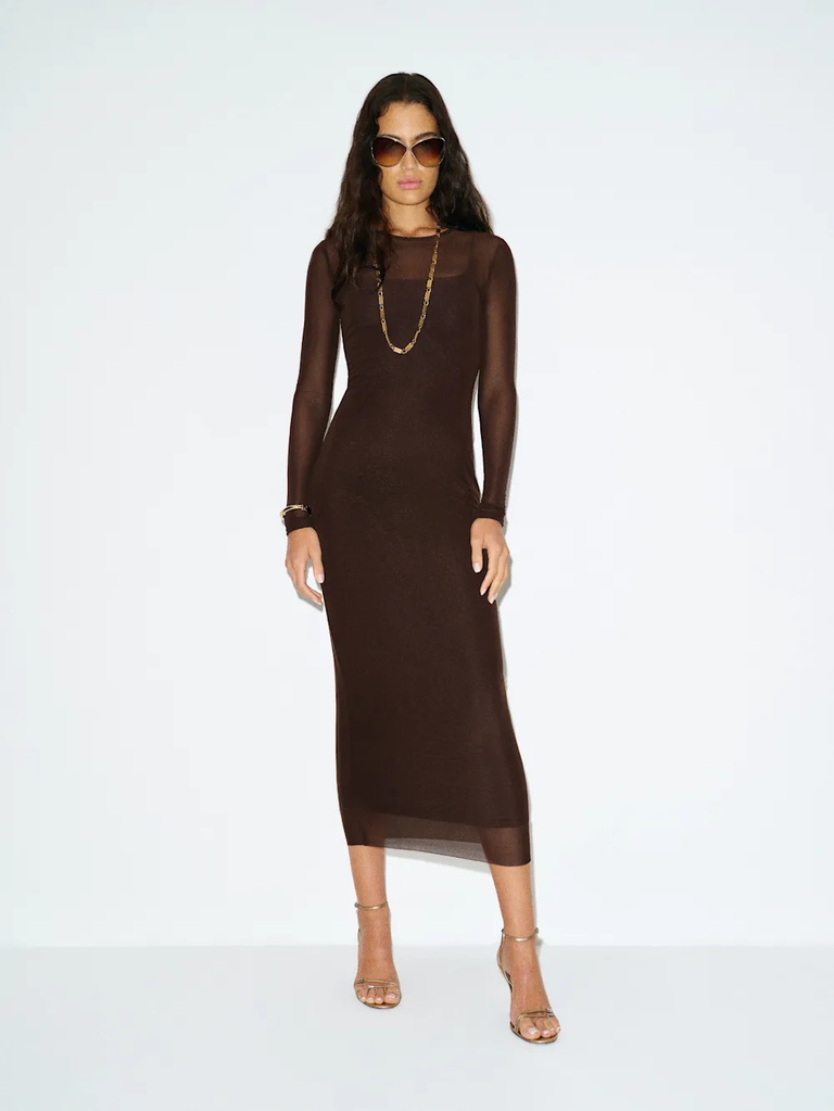 Reformation brown mesh knit bridesmaid rehearsal dinner dress