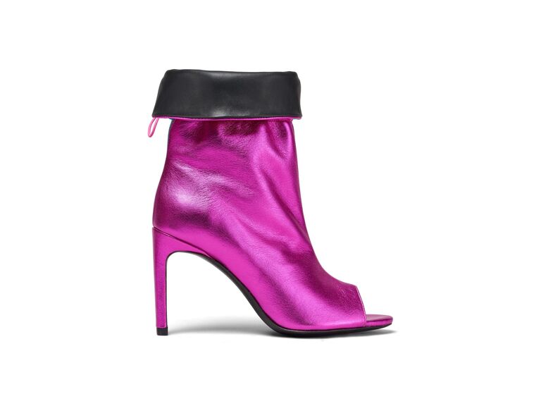 Metallic pink booties with a slouchy silhouette and an open-toe. 