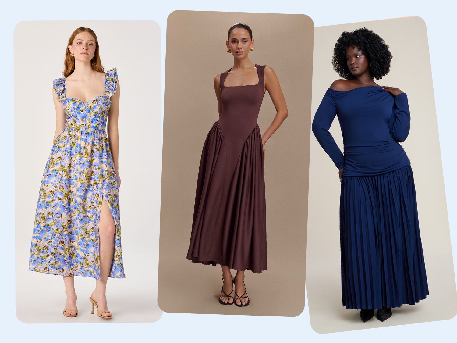 Three rehearsal dinner dresses for bridesmaids