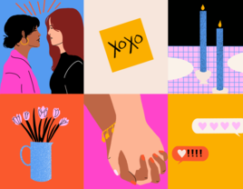 Collage of 6 illustrations relating to a couple and their relationship