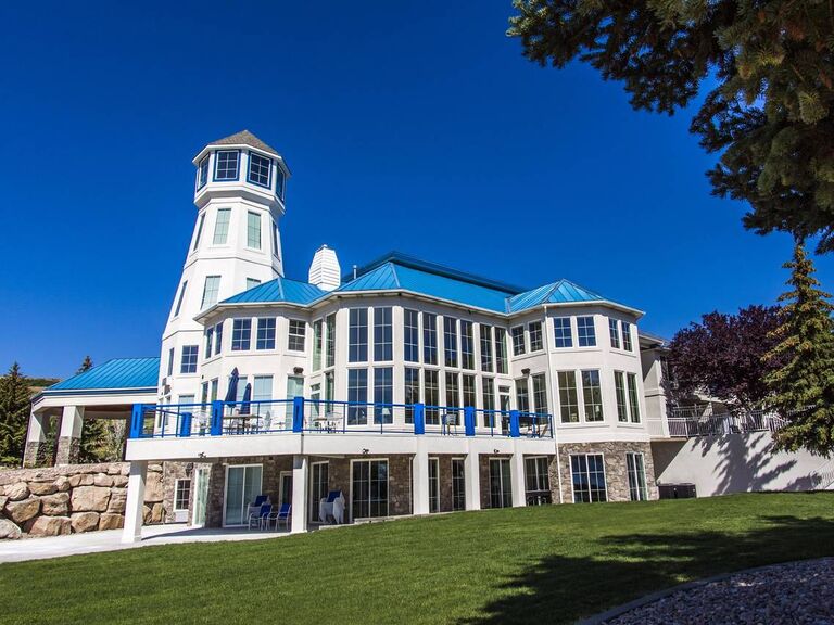 Outside view of the white and blue venue