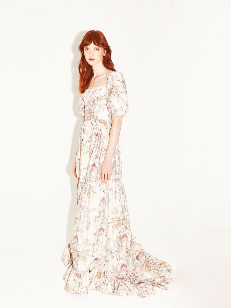 Markarian floral brocade gown with tiered skirt and puff sleeves