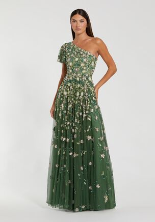 This one-shoulder gown features intricate floral embellishment and a softly flowing skirt, creating an elegant, romantic silhouette for formal occasions.