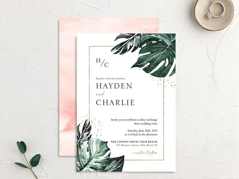 Vintage monstera destination wedding invitation