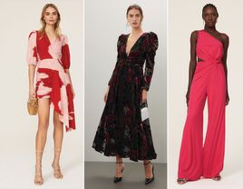 Collage of two Rent the Runway wedding guest dresses and a jumpsuit