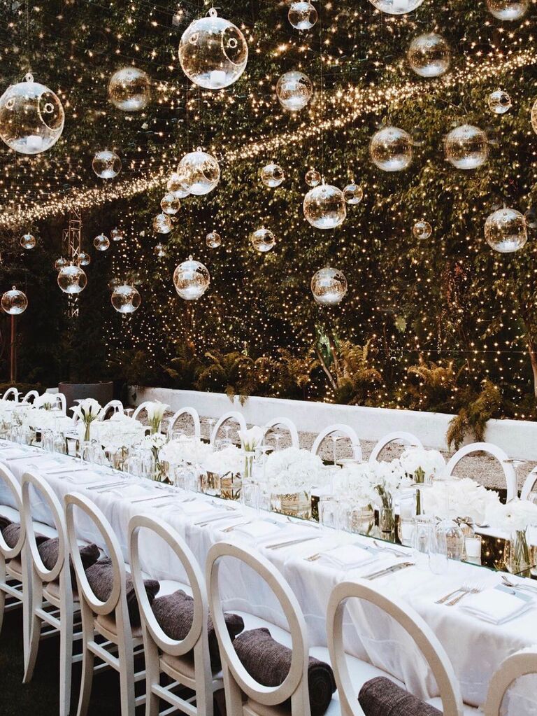 Wedding reception room with twinkle lights and suspended clear bubbles