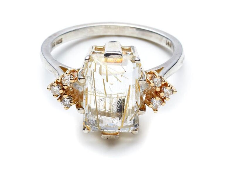 golden rutilated quartz  ring with champagne diamonds