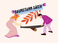 Illustration of German wedding tradition of sawing a log 