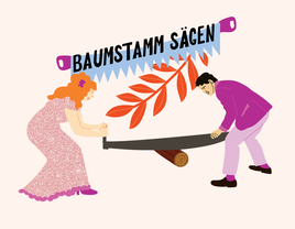 Illustration of German wedding tradition of sawing a log 