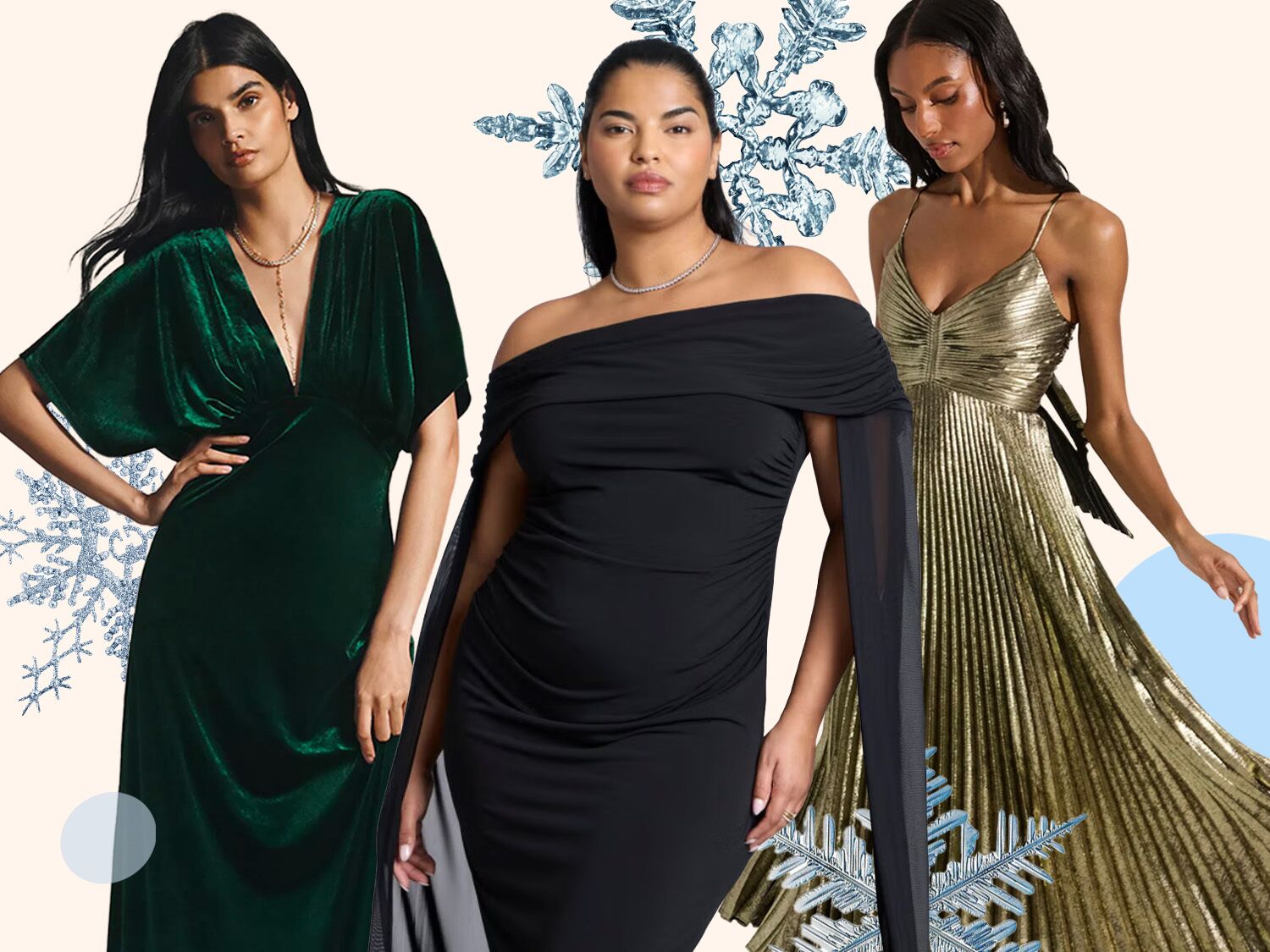 Collage of winter wedding guest dresses