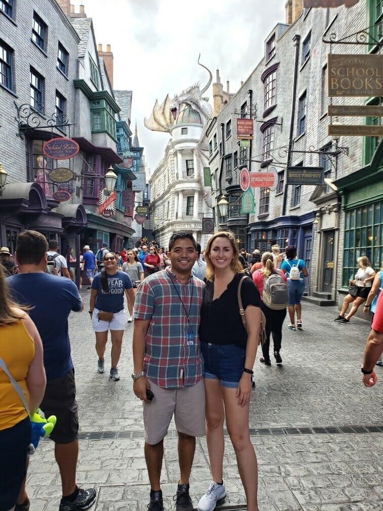 The first vacation. 
Brian and Meagan made some incredible friends at Alliance. (Many of which are now in our wedding party!). In September of 2019, we went on our first vacation as a couple with some of our Alliance friends. We spent a few days in Disney World and a few in Universal Studios in Orlando, Florida. We've made the same trip with the same friends several years since. 