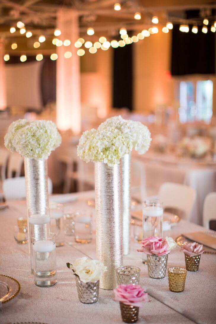 White Hydrangea And Silver Vase Centerpieces