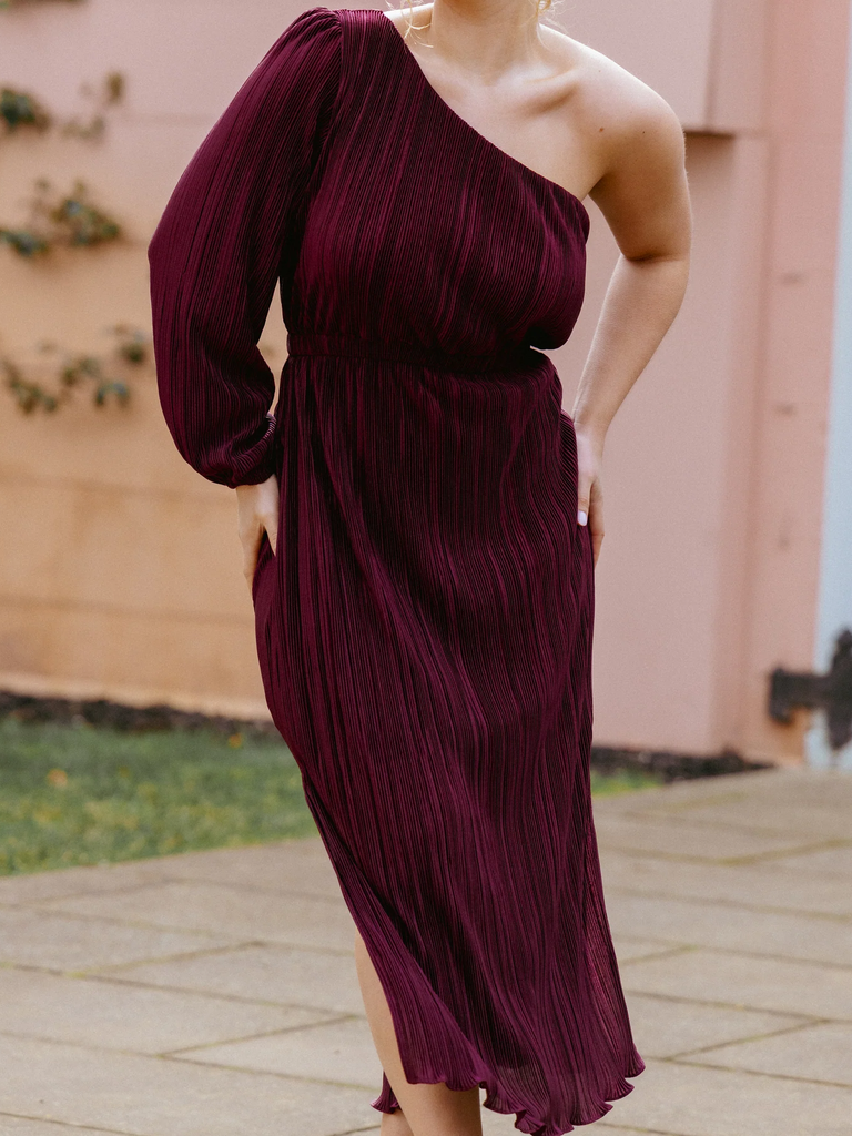 Burgundy one shoulder midi wedding guest dress winter from Petal & Pup