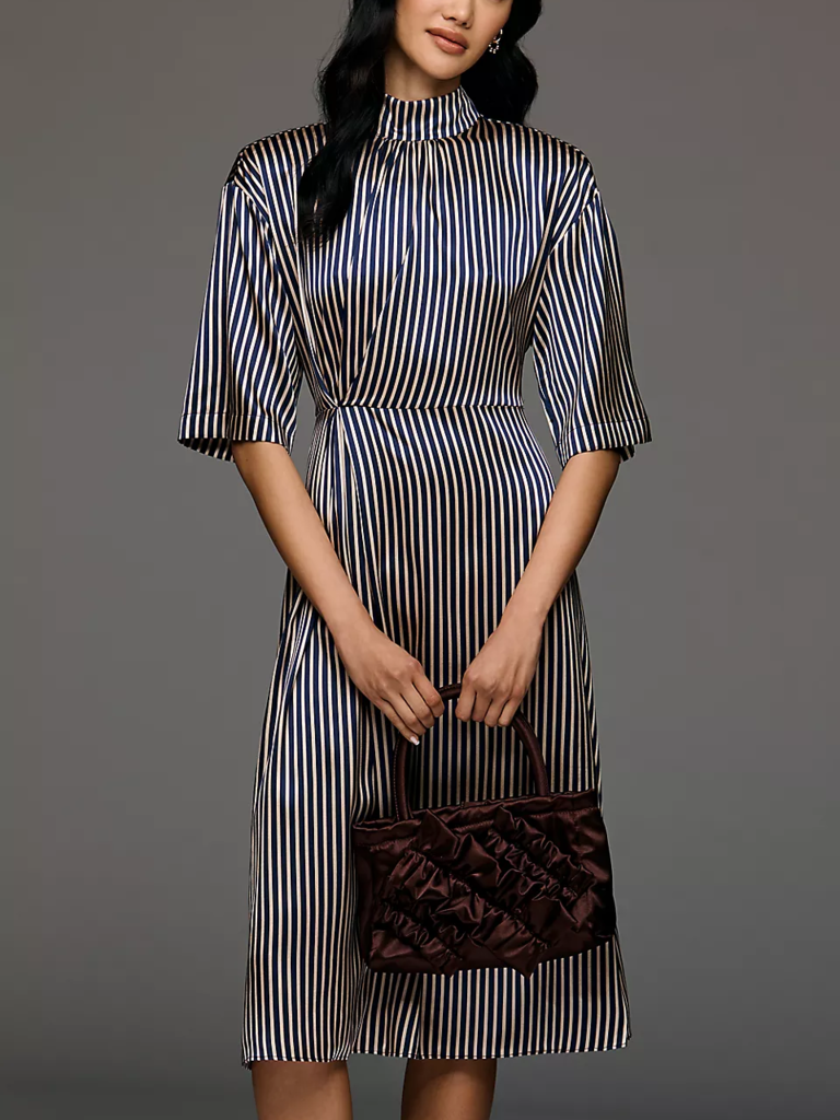 Anthropologie striped midi wedding guest petite dress for over 50s