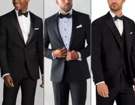 Collage of three affordable black tuxedos 