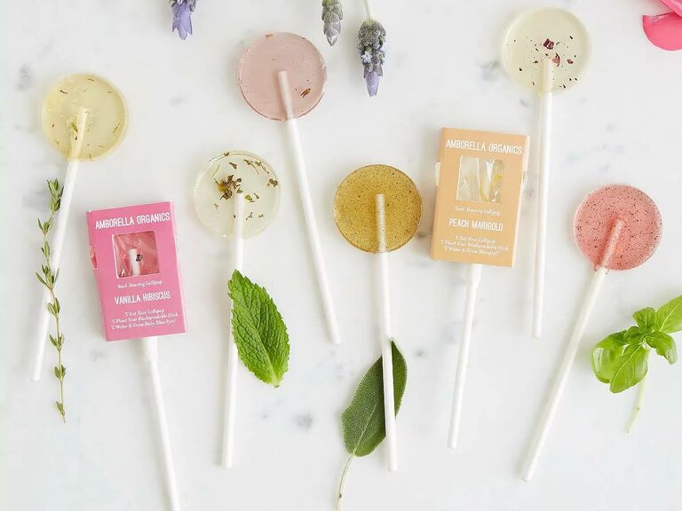 Natural lollipops featuring herbs and flowers bridal shower favors