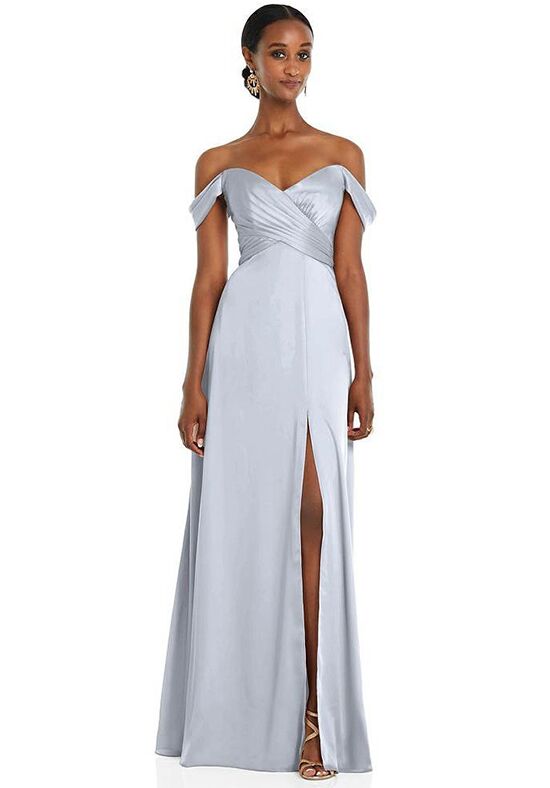 Strapless Satin Gown with Draped Front Slit and Pockets