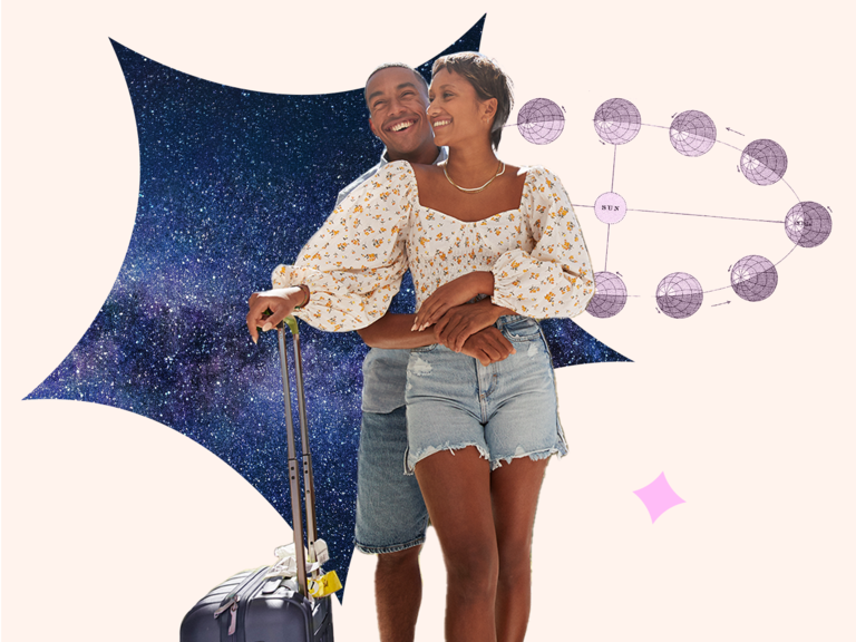 the knot 2024 travel trends piece celestial travel couple smiles against a starry sky and planetary rotations graphic