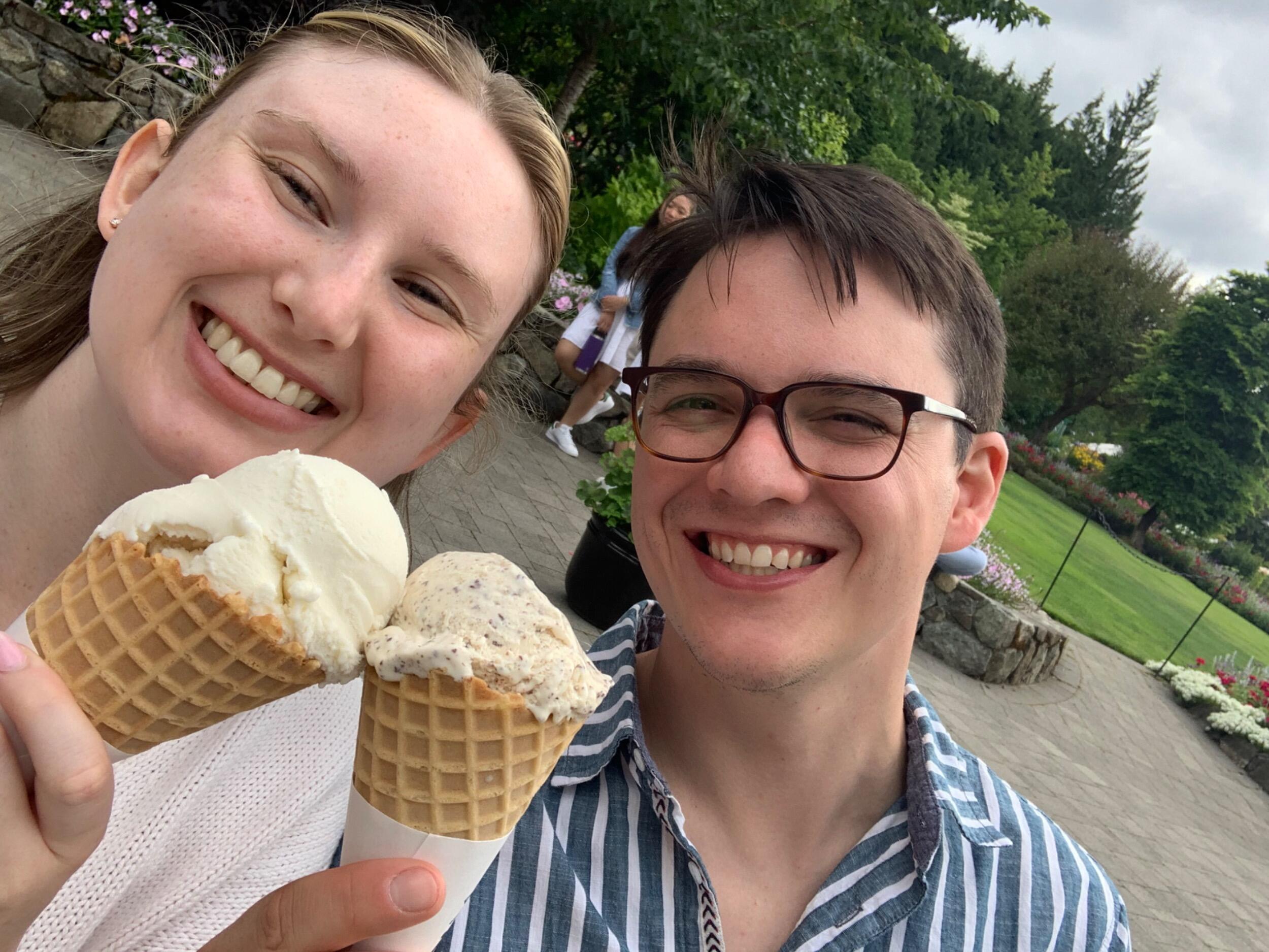 Ice cream at the Butchart Gardens on their weekend birthday trip. Fun fact: Kat and Peter are two years and 10 days apart