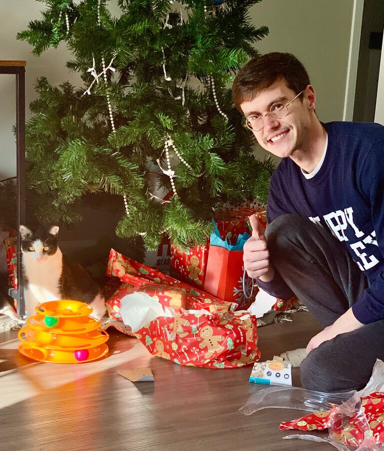 Christmas at our second apartment featuring Peanut.