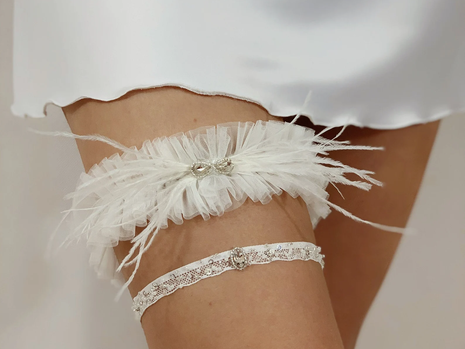 tulle ostrich feather garter with crystal embellishments