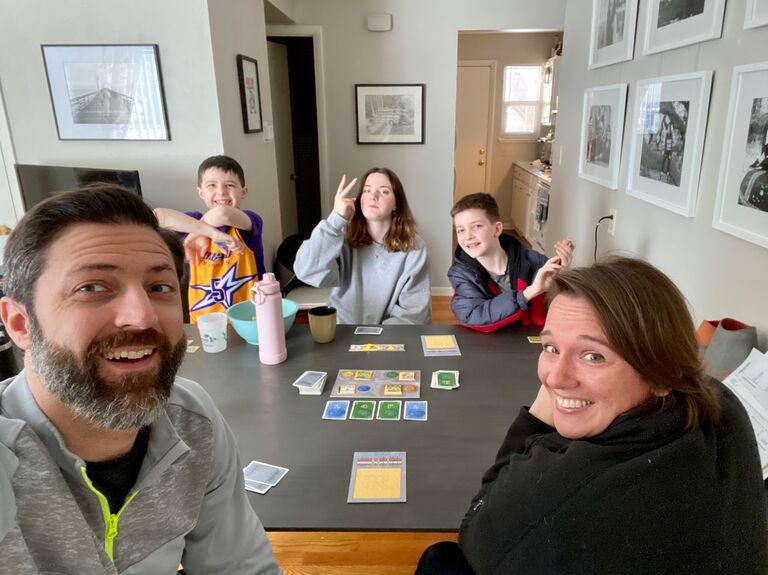 Rachel met Matt’s kiddos for the first time! This is, oddly enough, an actual picture of that first meeting. Rachel was introduced to the game of Alhambra, and Maddy, Jonathan, and Benjamin were introduced to Rachel’s chocolate chip cookies!