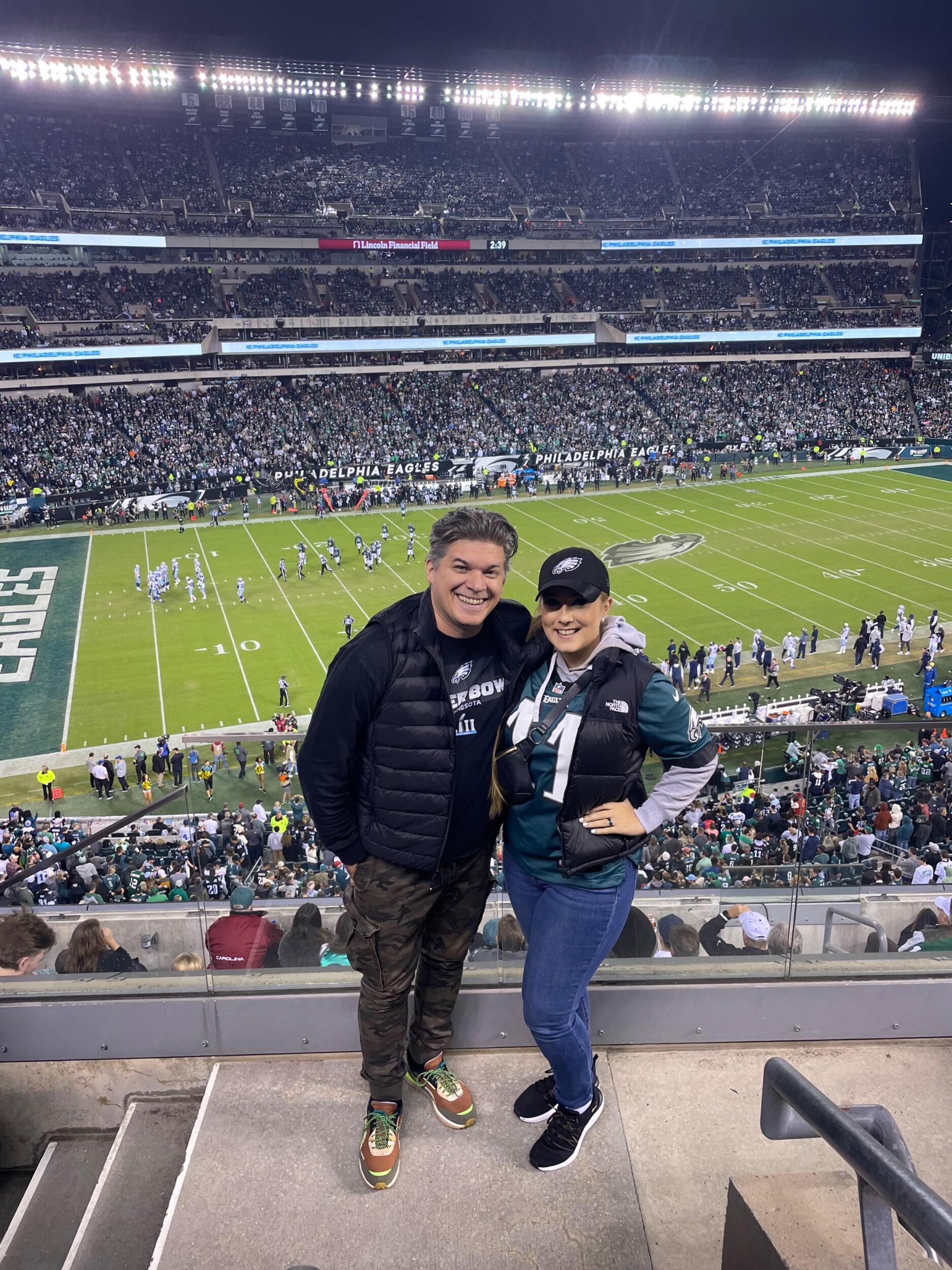 FINALLY, Mike attends his first Eagles game at Lincoln Financial Field in Philadelphia, PA. Pilar hasn't fully converted him. It's not his Jets but at least he's wearing green.