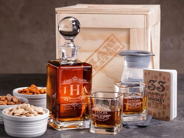 Man Crates personalized whiskey decanter and glasses gift for groom from mother or father