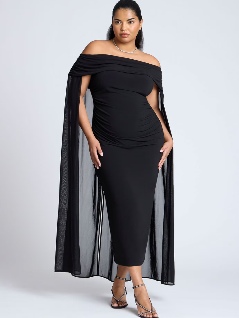 Black off-the-shoulder cape wedding guest dress winter from ELOQUII