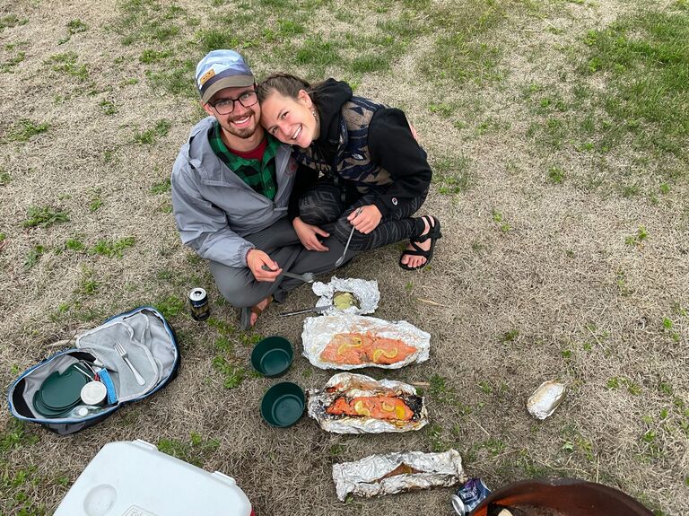 The yummiest camp dinner we've ever had: fresh sockeye Connor had caught on a fly rod across the river from 2 grizzly bears earlier that day & Kara had filleted!