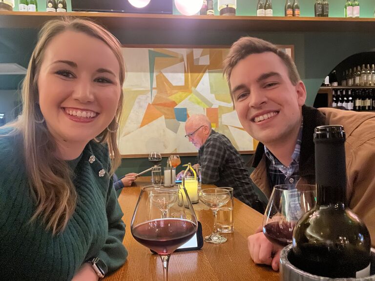 First date anniversary at The Eastern wine bar near Capitol Hill in D.C. Ansley likes to joke that Zach was lucky to go on a date with her because it was St. Patrick's Day, though we're not sure if Zach has any Irish heritage.
