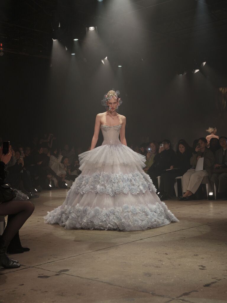 Ines Di Santo strapless blue wedding dress with tiered tulle and 3D floral skirt