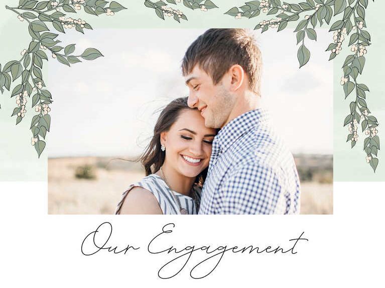 Cover of engagement photo album featuring a photo of a smiling couple. 