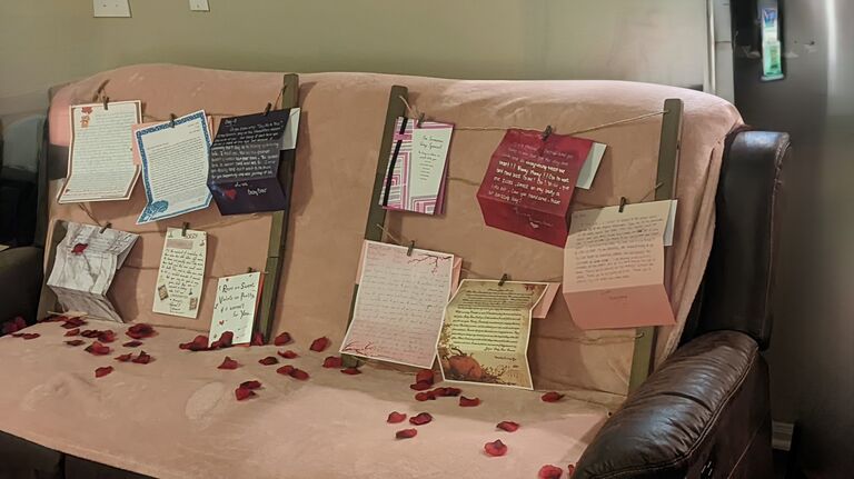 30 July 2023, proposal day for Penguin and Baby Bear. To set the stage, Penguin laid out letters the two mailed to each other as a reminder of the love they have always shared. 