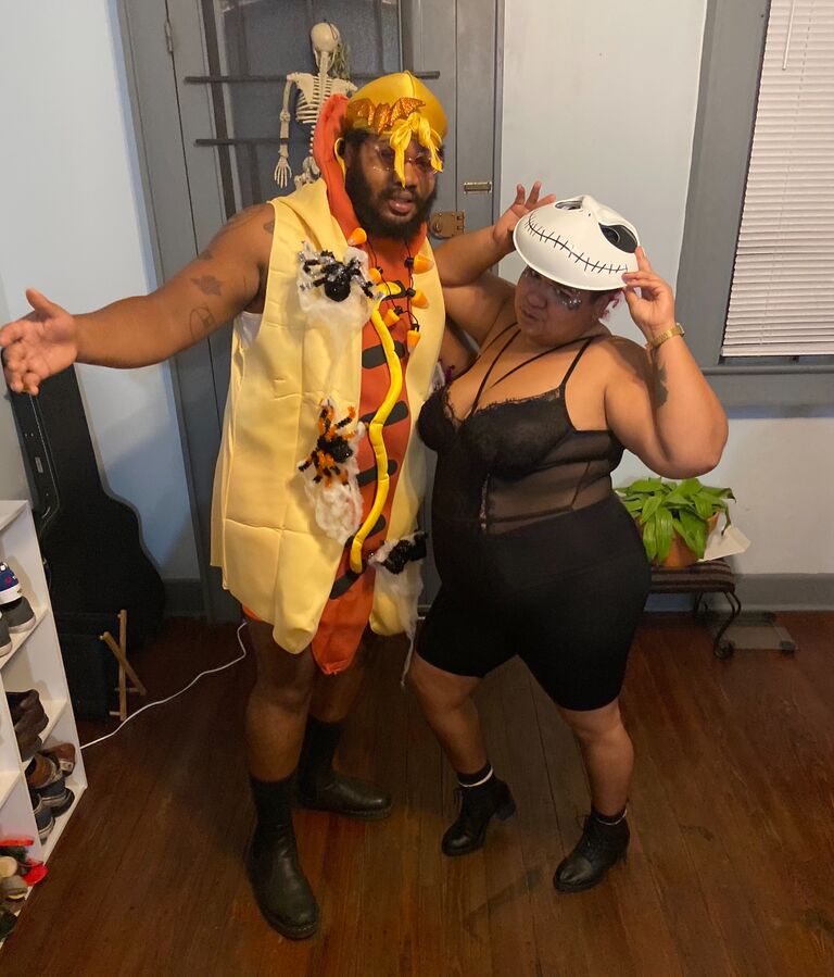 We party with our bubble as a Halloweenie and Sexy Jack Skellington for Halloween.