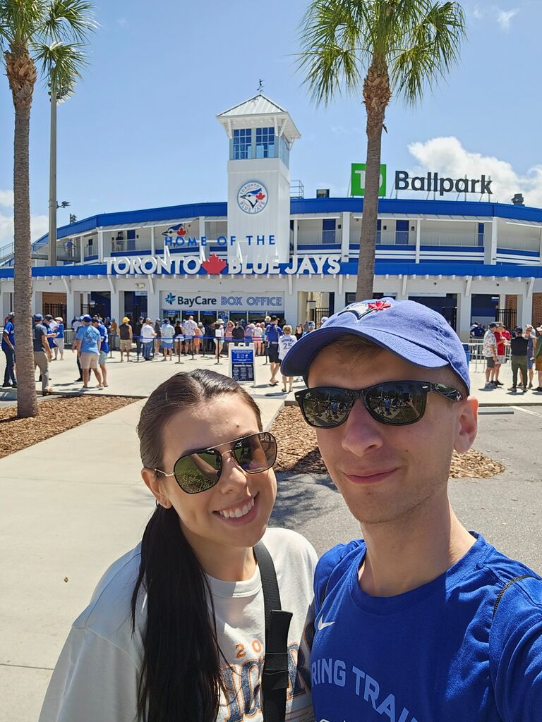 Posing as Blue Jays fans for the day in Dunedin, FL.