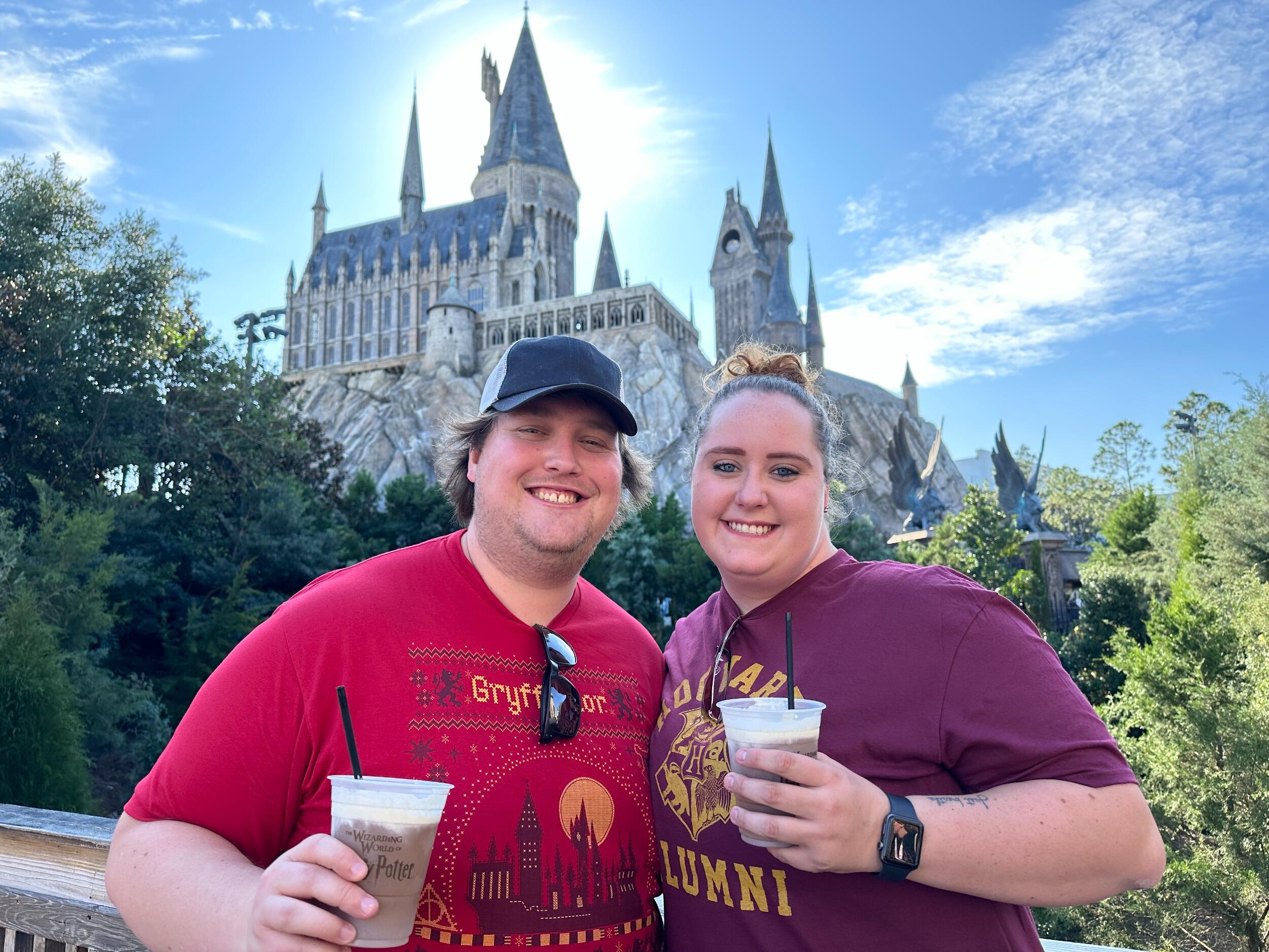 Sarah & Brett got to get some Butterbeer in front of the Hogwarts Castle.