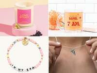 Four wedding party gifts for Swifties: candle, glass mug, paper plane necklace, friendship bracelet