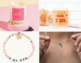 Four wedding party gifts for Swifties: candle, glass mug, paper plane necklace, friendship bracelet