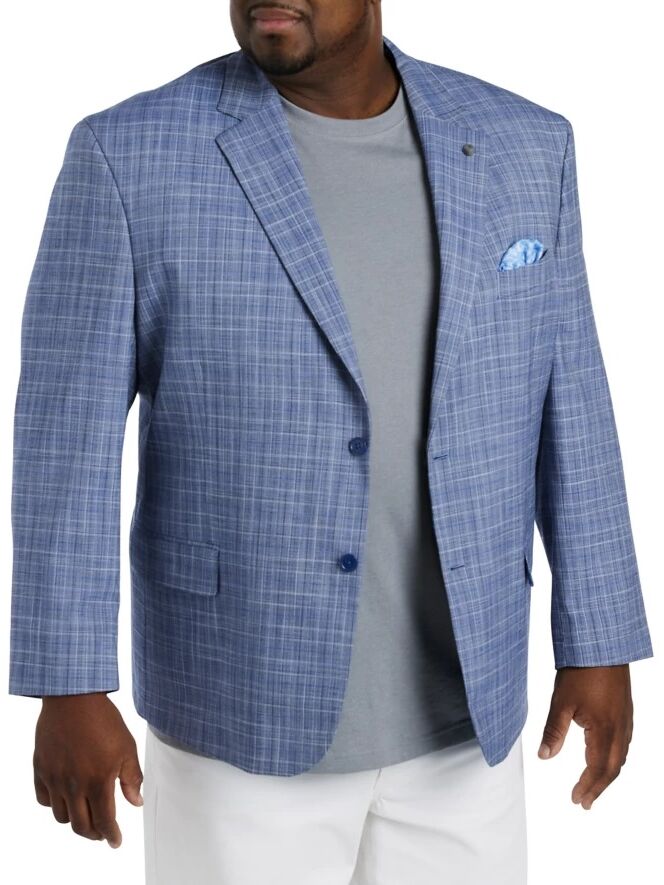 Model wears a blue plaid sports jacket. 