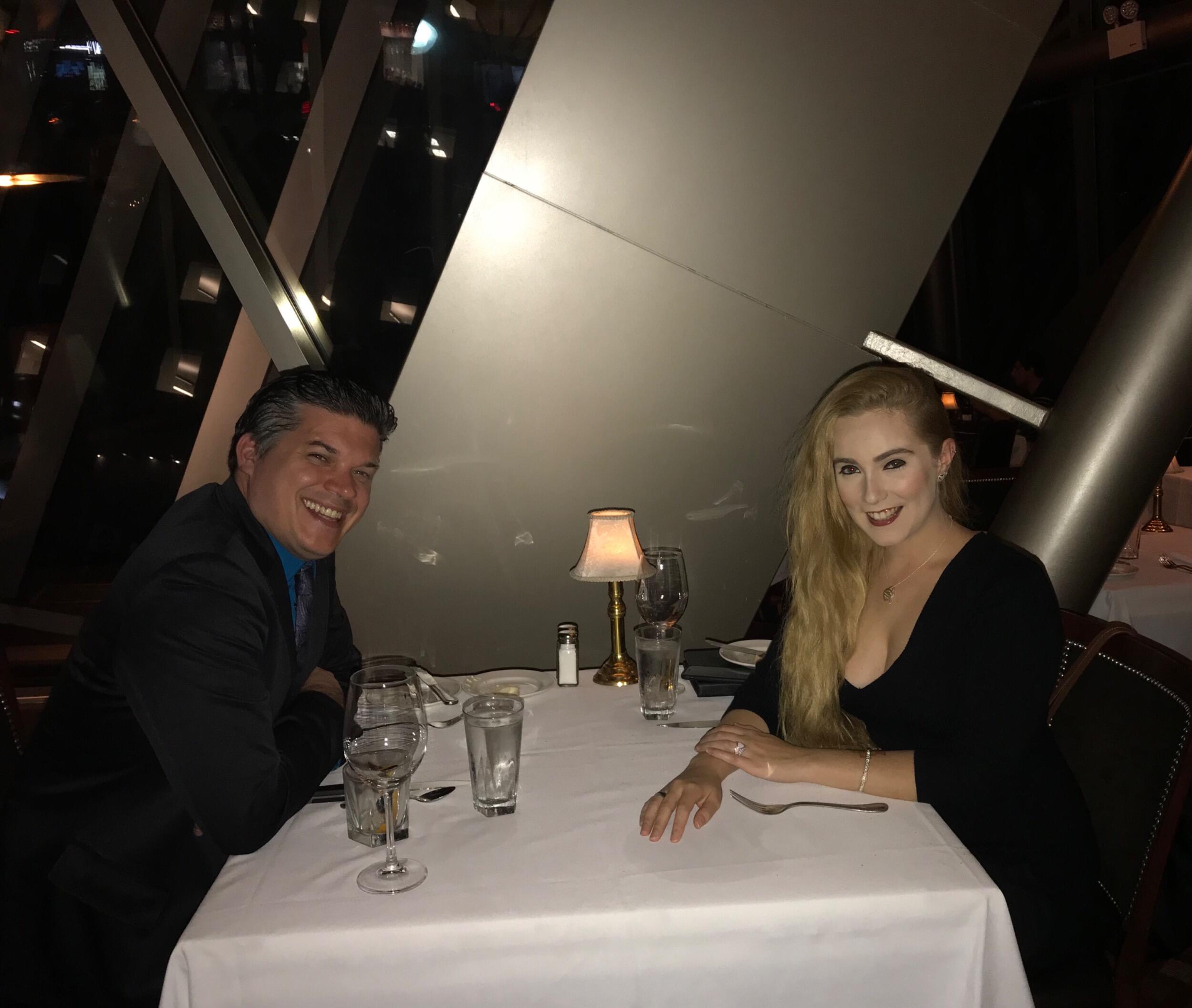 Pilar and Mike's first anniversary at Capital Grille in New York City. He gave her a beautiful Tiffany necklace. She gave him a new pair of Van's sneakers.  