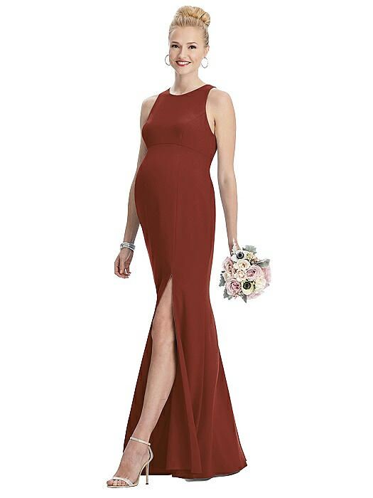 Sleeveless fitted floor length dress with front slit