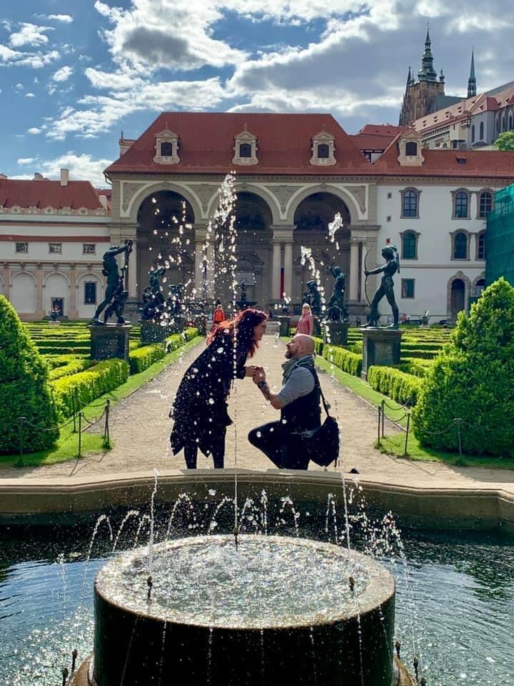 Engaged at the Wallenstein Palace Garden under the Prague Castle in the Czech Republic.