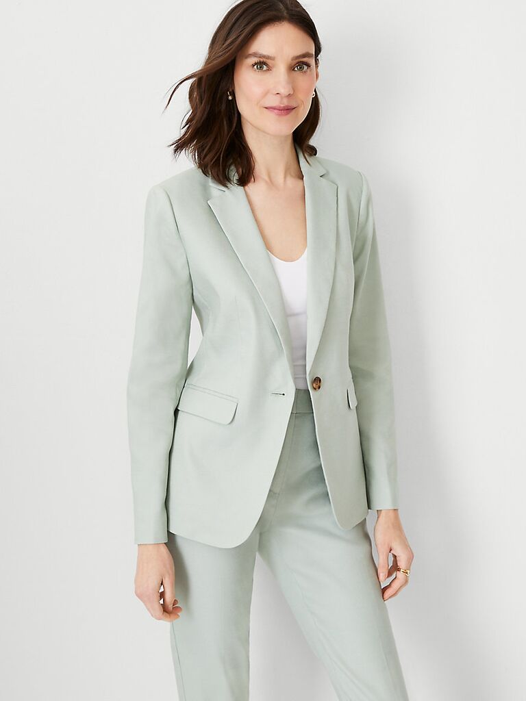 Mint green pantsuit for a wedding from Ann Taylor. 