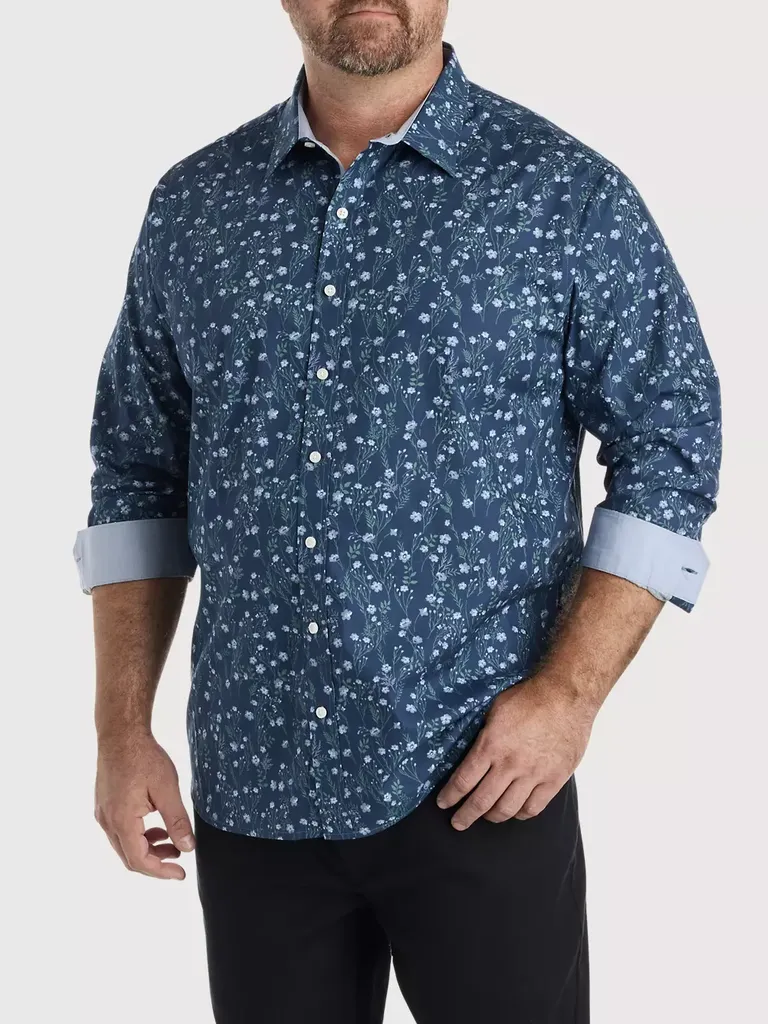 Blue floral print button down shirt outfits for rehearsal dinner for men from DXL Big + Tall