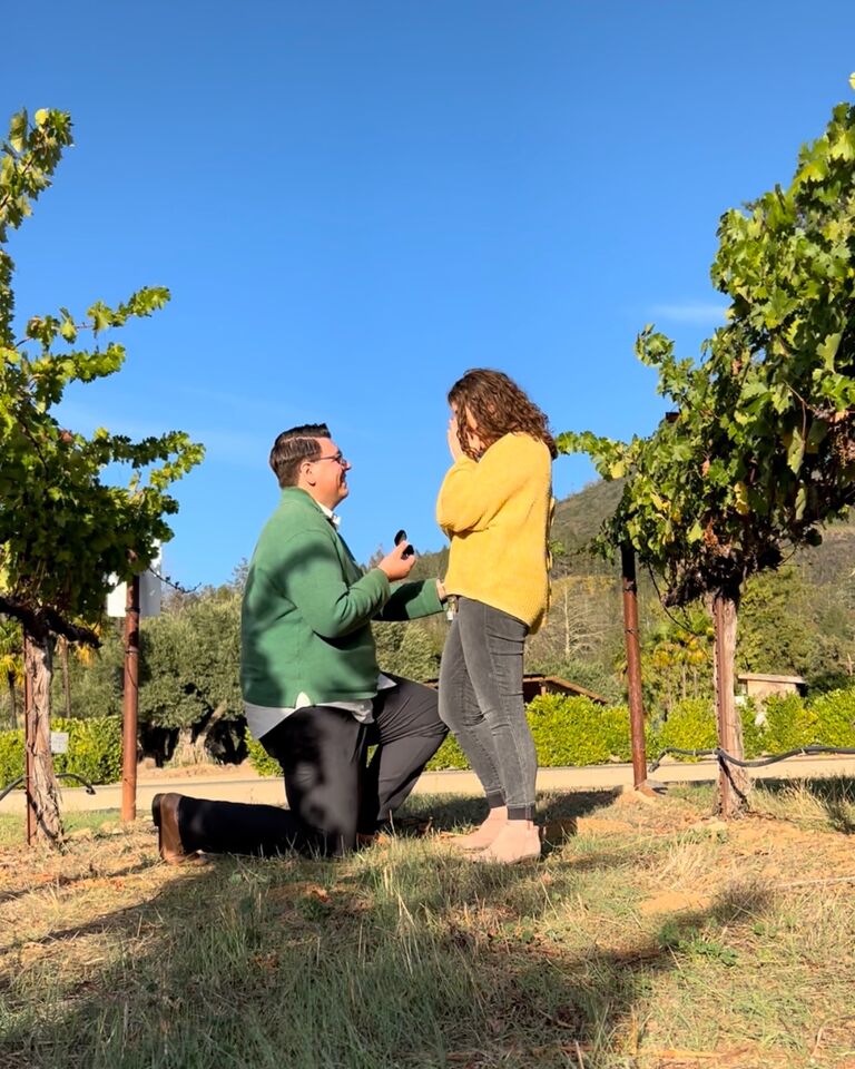After some secret planning Matt asked Maddy if she would be interested in a little weekend getaway to one of their favorite areas: Sonoma, CA to which she happily agreed. They embarked on their weekend, excited for time spent together but with Matt secretly knowing what the future held. Matt planned a candle making class where just the two of them spent the morning smelling a wide variety of fall scents to blend their own signature candles, reminiscent of the hours spent together smelling all the candles on their adventures. From there they went to a wine tasting at Chateau St. Jean Winery where they had a whole patio overlooking sunkist vineyards to themselves. After the tasting they made their way down among the vines to take some cute photos together. After a short time Matt got down on one knee and as they say the rest is history.  