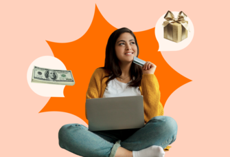 Woman with laptop thinking about wedding gifts