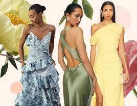 Collage of three spring wedding guest dresses against a background of flowers