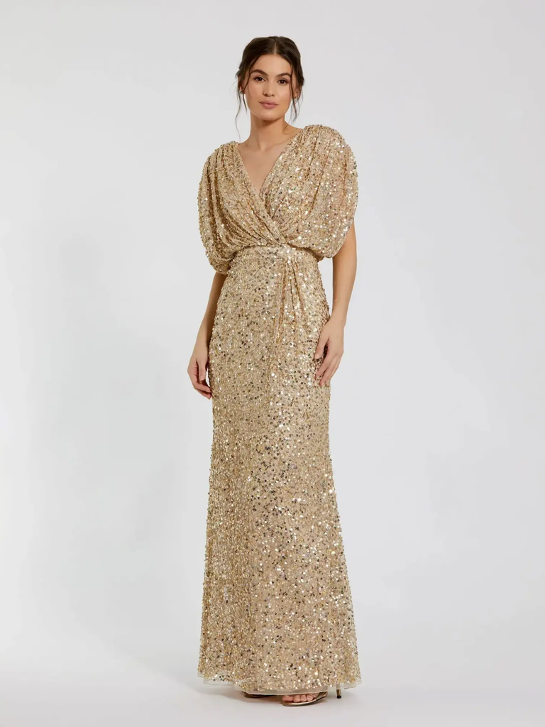 Gold sequin draped grandmother of the bride dress from Mac Duggal